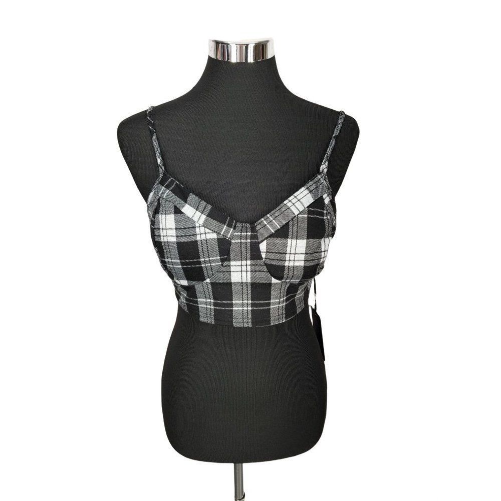 J For‎ Justify Plaid Black & White Bralette Crop Top Structure Size L Large NWT